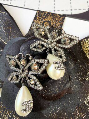 Chanel Crystal Butterfly CC Logo Pearl Drop Earrings Dark Ruthenium